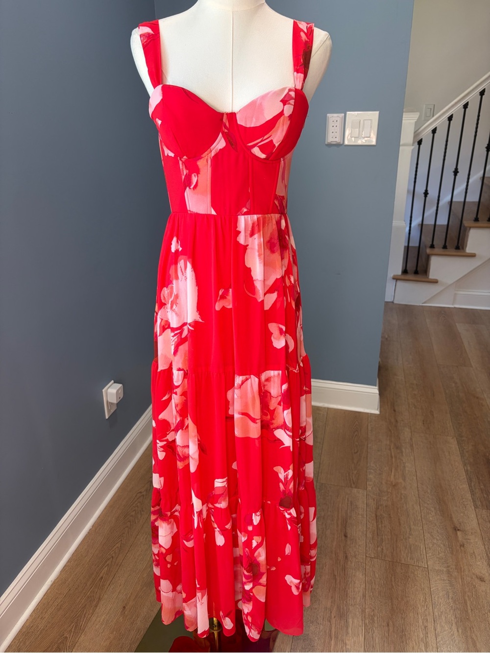 Lulus Red Pink Floral Bustier Tiered Maxi Dress Size Small - Picture 3 of 12